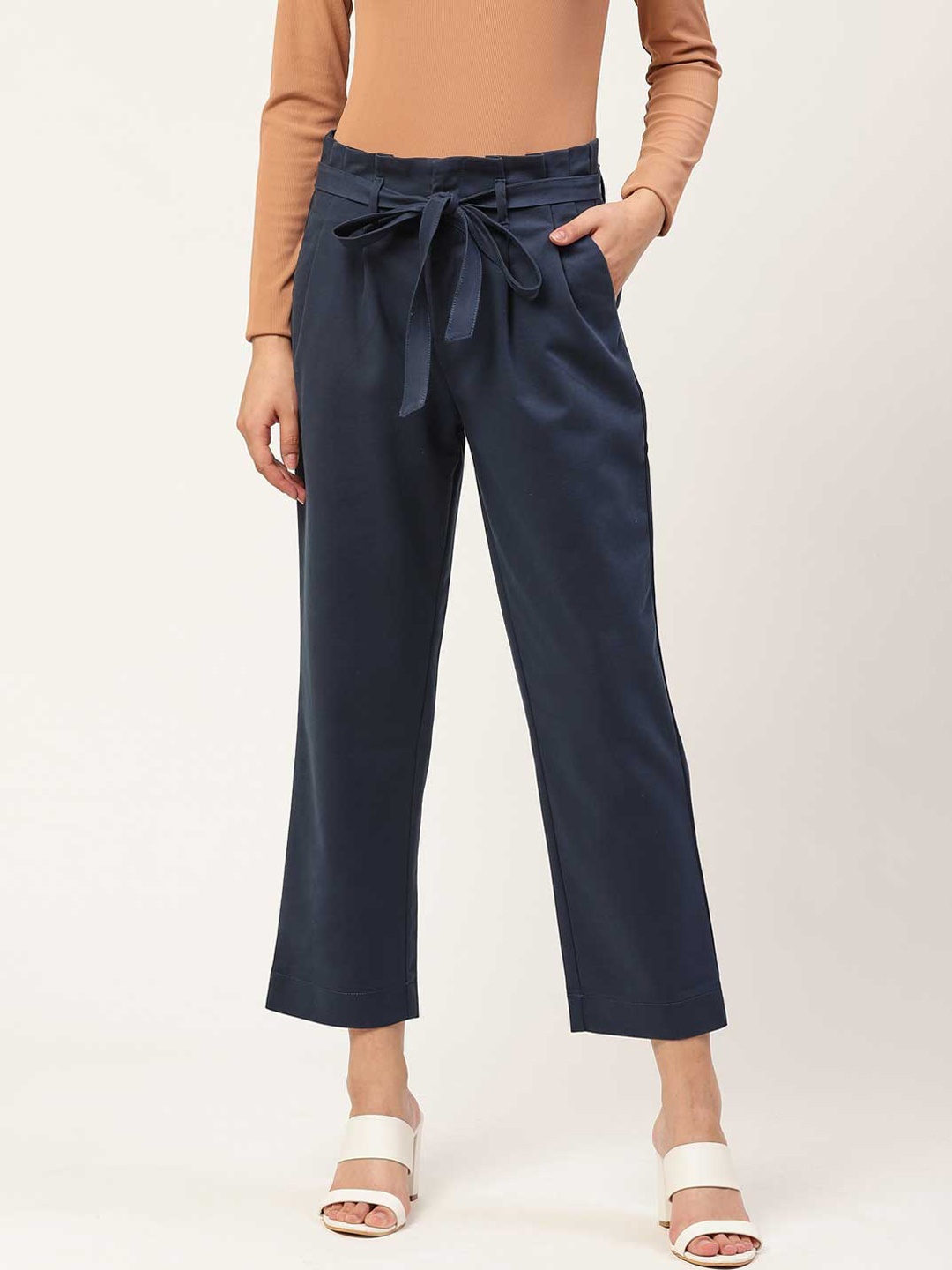 

Xpose Women Navy Blue Solid Comfort Straight Fit High-Rise Parallel Trousers