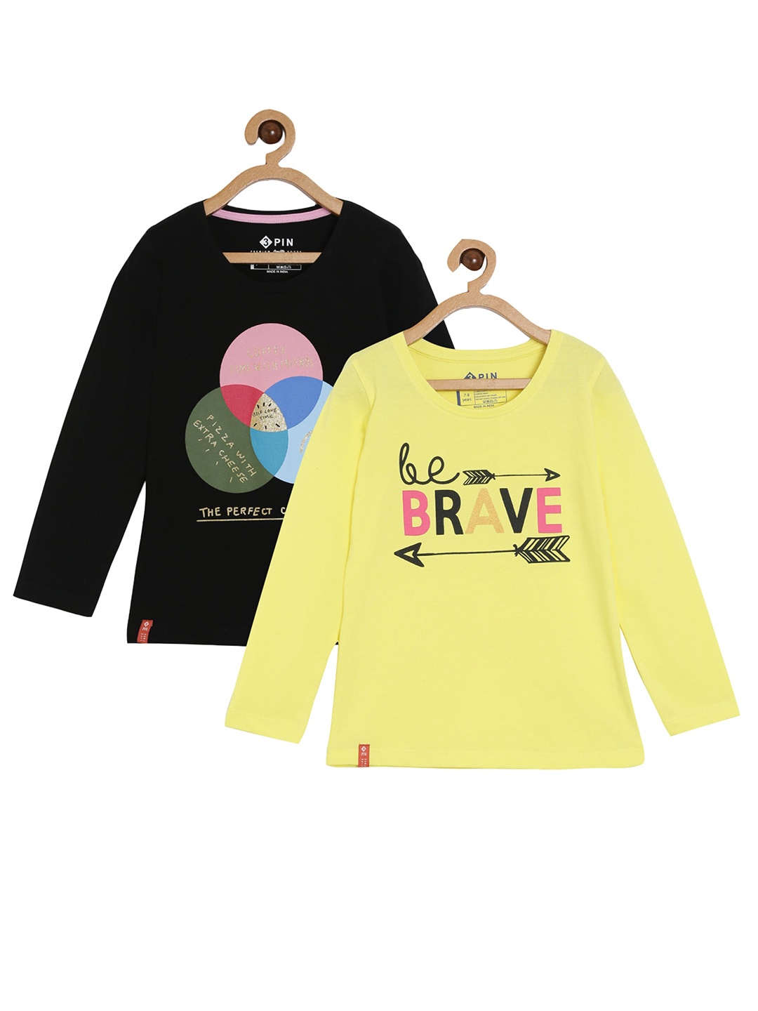 

3PIN Girls Black & Yellow Pack Of 2 Typography Printed Regular Fit T-shirts