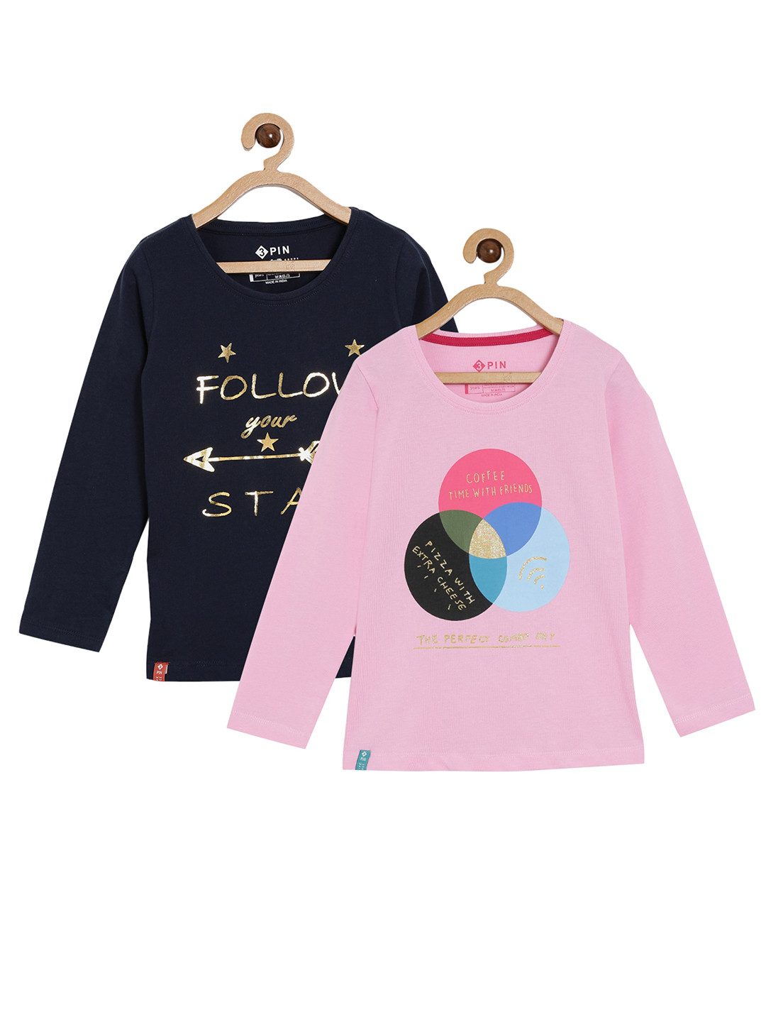 

3PIN Girls Pack of 2 Pink & Black Typography Printed T-shirt