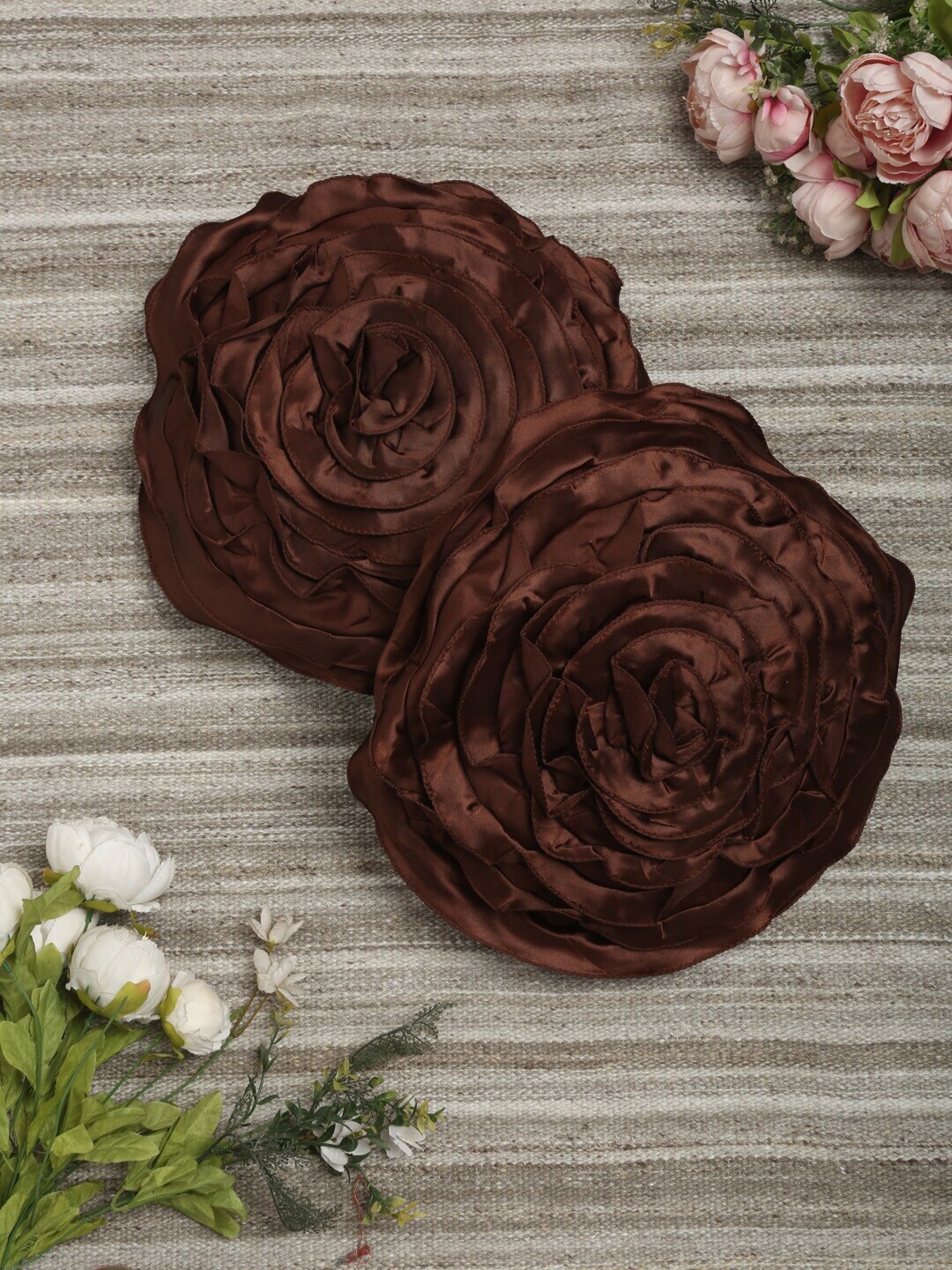 

HOSTA HOMES Brown Set of 2 Floral Satin Round Cushion Covers