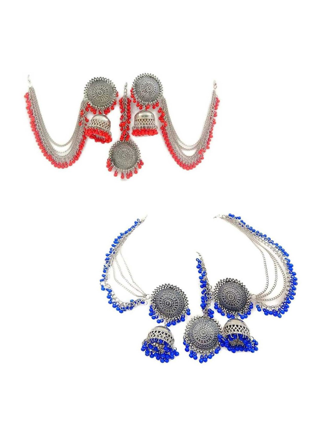 

Vembley Set Of 2 Silver-Toned & Blue Kashmiri Silver Ghungroo Chandbali Jhumkas