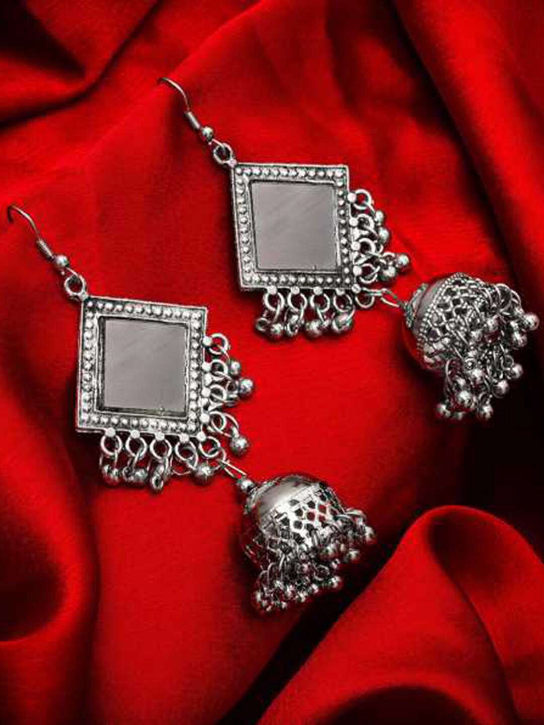 

Vembley Set of 2 Silver-Toned Oxidized Peacock Elegant Square Mirror Jhumka Earrings