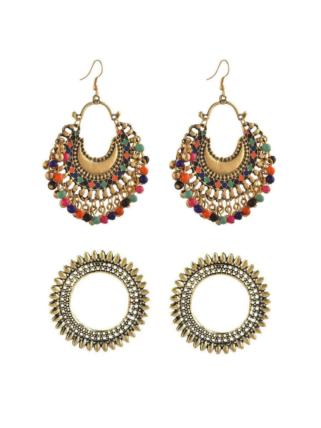 

Vembley Pack of 2 Oxidized Gold-Toned & Multicolor Beads Chandbali & Hoop Earrings