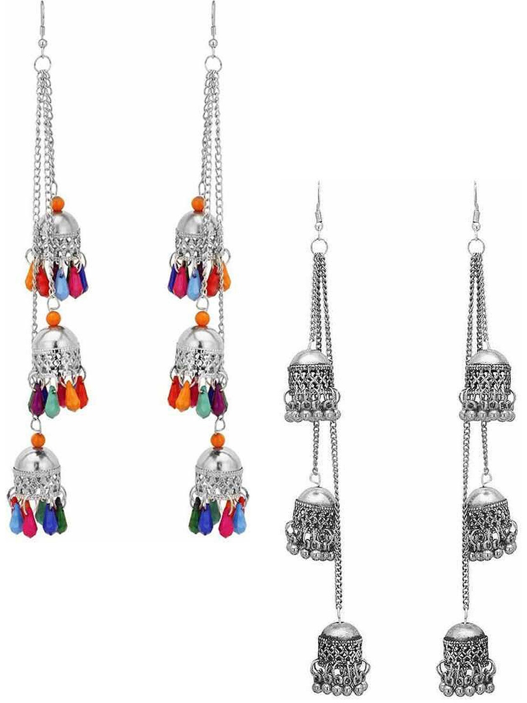 

Vembley Set Of 2 Silver-Toned & Plated Dome Shaped Oxidised Jhumkas Earrings