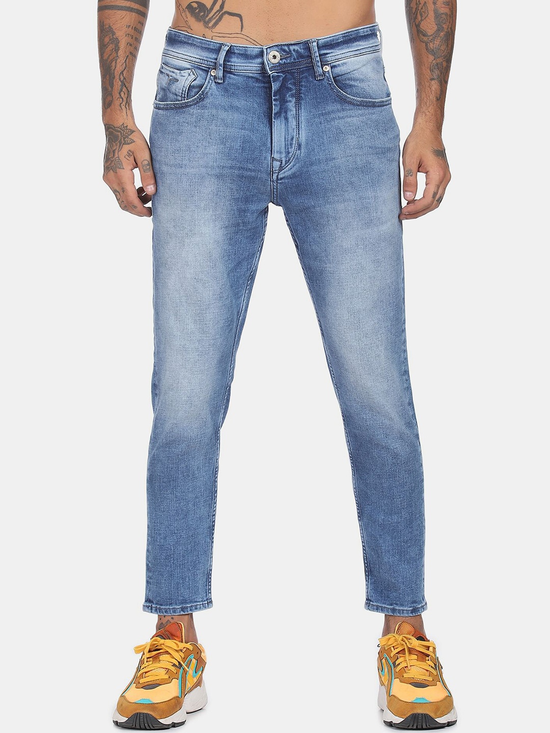 

Flying Machine Men Blue Regular Fit Heavy Fade Cropped Stretchable Jeans