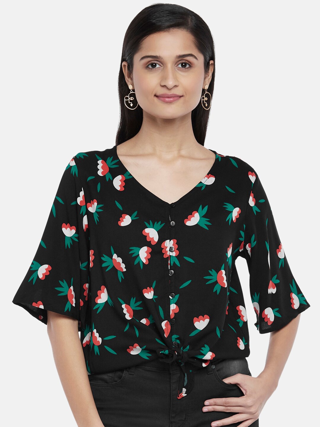 

People Women Black Floral Print Liva Top