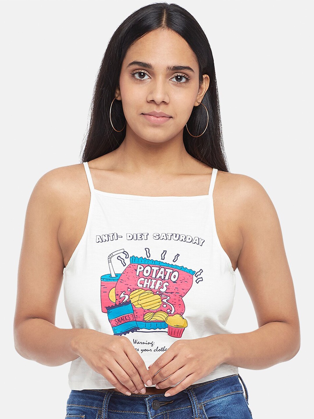 

People Women White & Pink Printed Cotton Shoulder Straps Crop Top