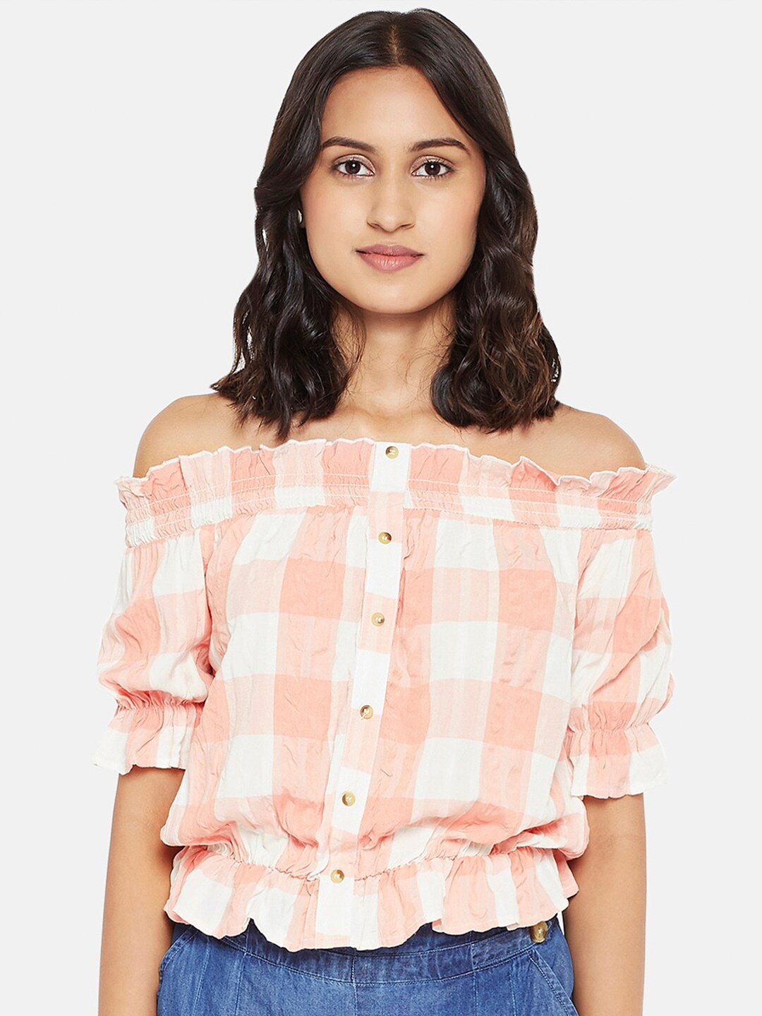 

People Pink Checked Off-Shoulder Blouson Top