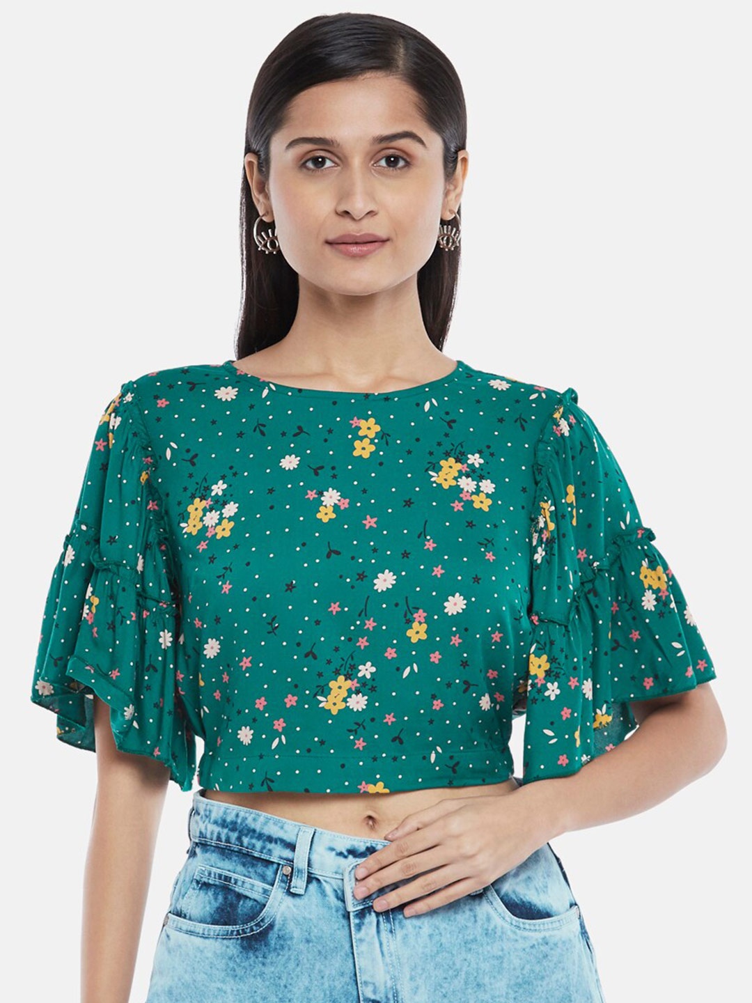 

People Green Ditsy Floral Print Flared Sleeves Liva Crop Top