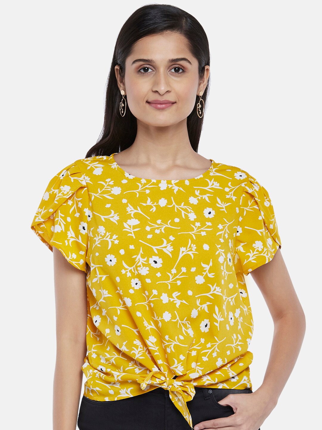 

People Women Yellow Floral Print Blouson Top