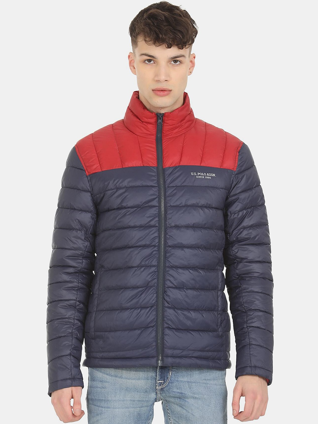 

U S Polo Assn Men Blue Red Colourblocked Quilted Jacket