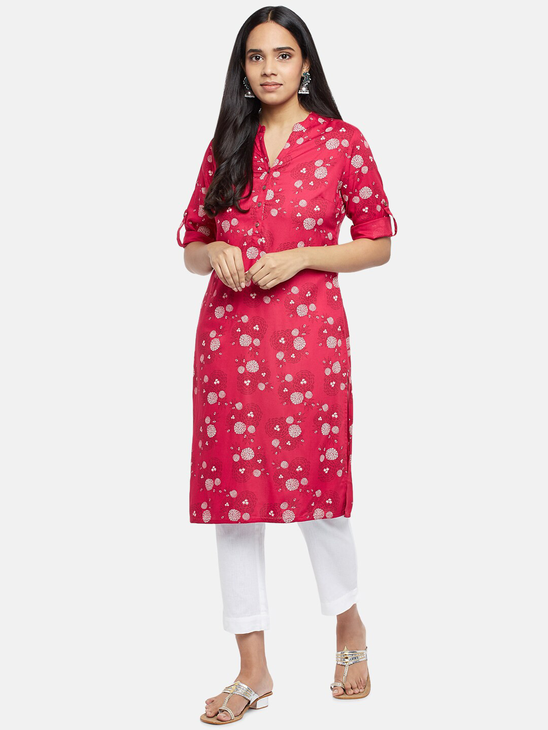 

RANGMANCH BY PANTALOONS Women Fuchsia Floral Printed Thread Work Kurta
