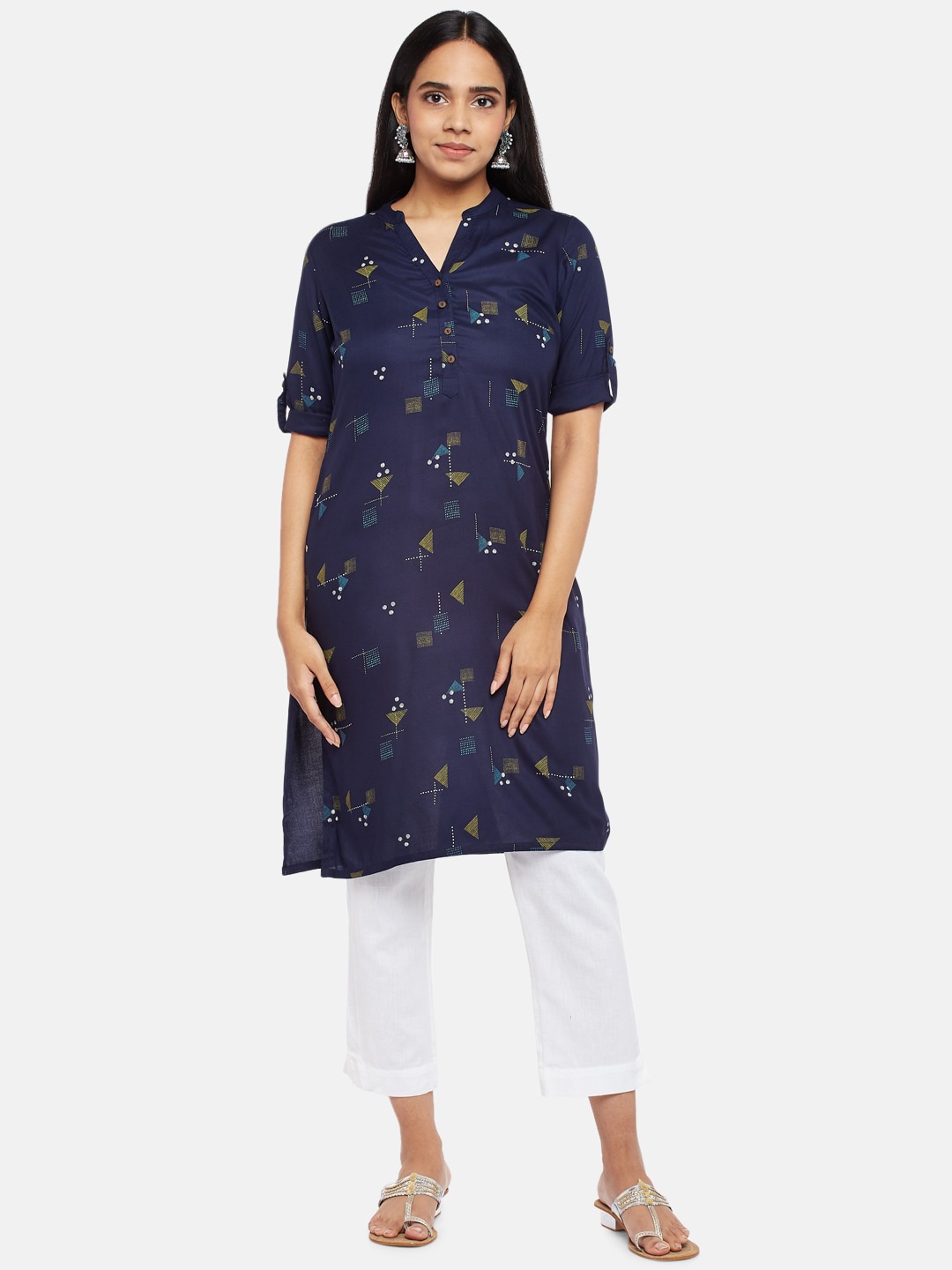 

RANGMANCH BY PANTALOONS Women Blue Geometric Printed Pathani Kurta