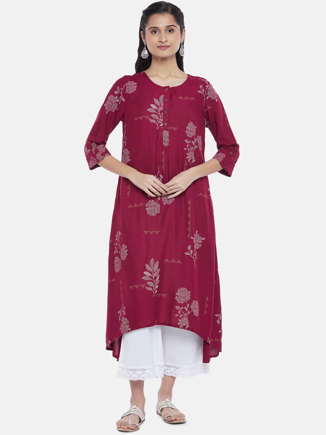 

RANGMANCH BY PANTALOONS Women Red Floral Printed Pure Cotton Anarkali Kurta