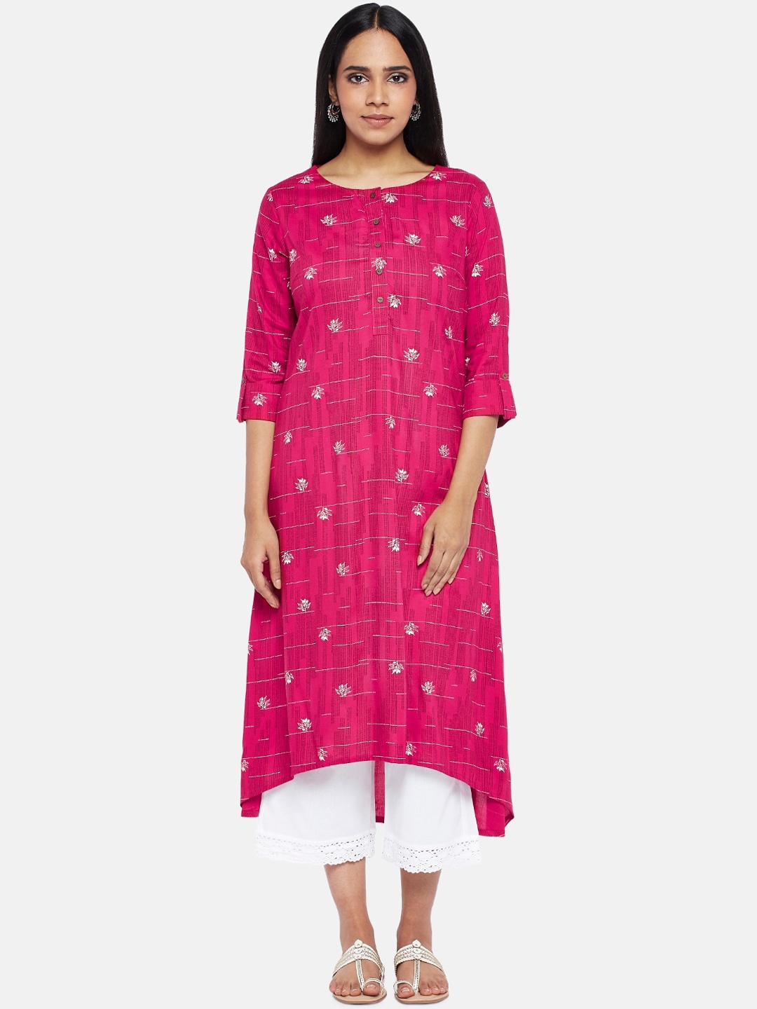 

RANGMANCH BY PANTALOONS Women Fuchsia & White Floral Printed A-line Kurta