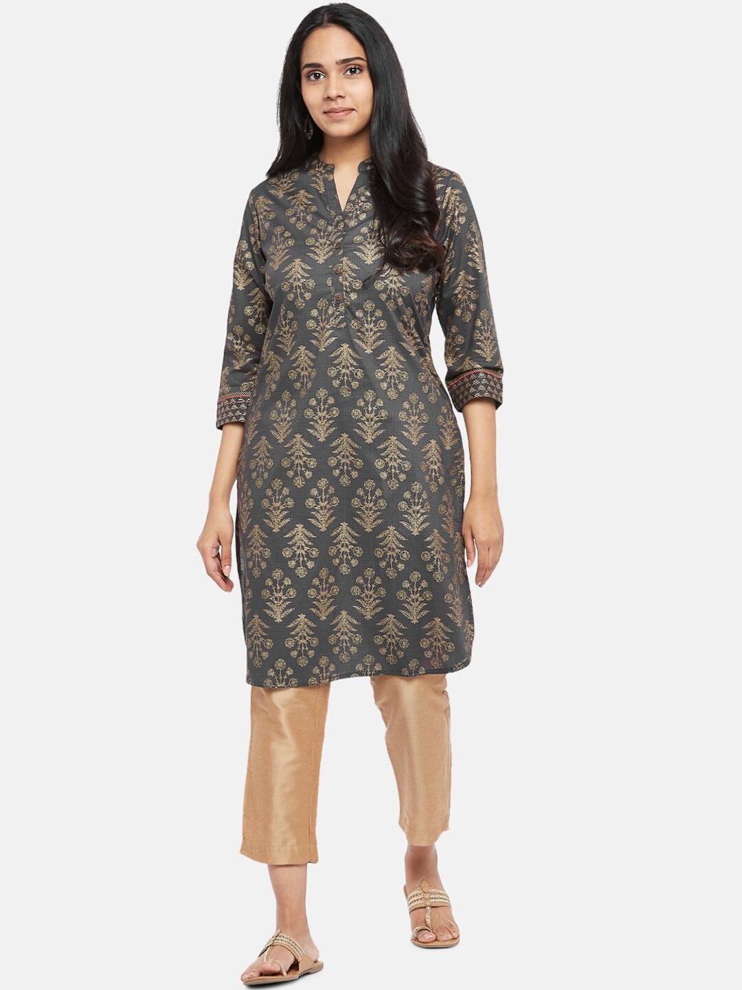 

RANGMANCH BY PANTALOONS Women Charcoal Grey Ethnic Motifs Printed Cotton Kurta