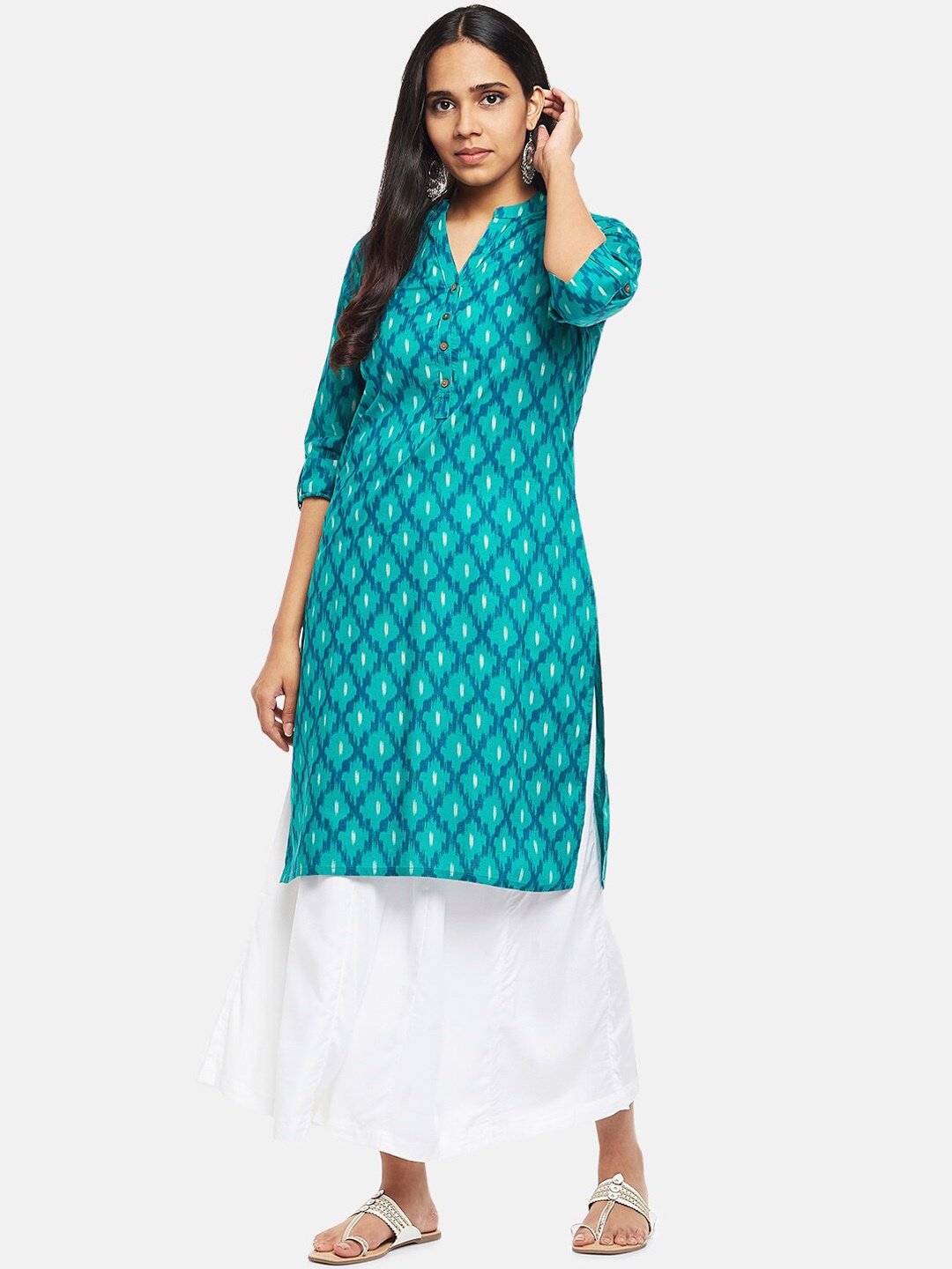 

RANGMANCH BY PANTALOONS Women Blue Ethnic Motifs Printed Pure Cotton Kurta