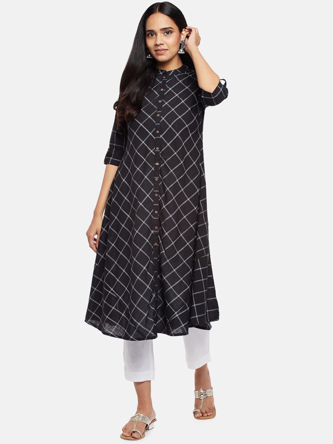 

RANGMANCH BY PANTALOONS Women Black Checked Dobby Kurta