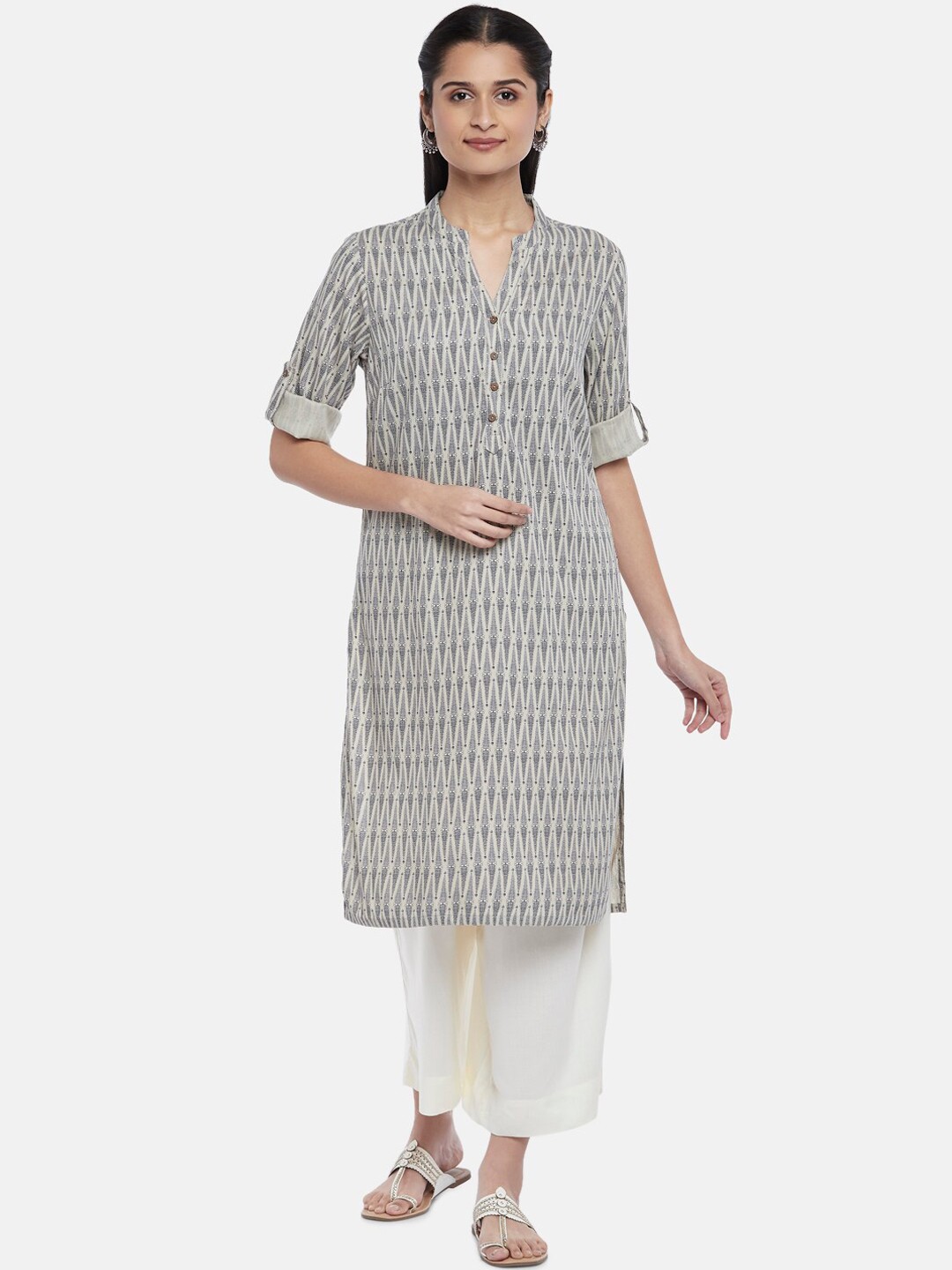 

RANGMANCH BY PANTALOONS Women Beige Striped Thread Work Kurta