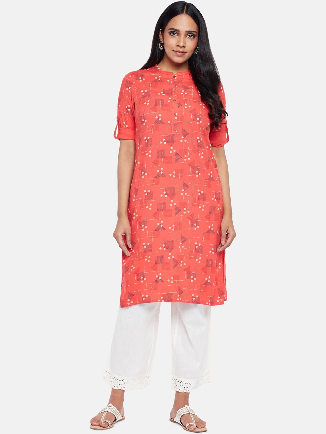 

RANGMANCH BY PANTALOONS Women Coral & Black Geometric Printed Straight Kurta