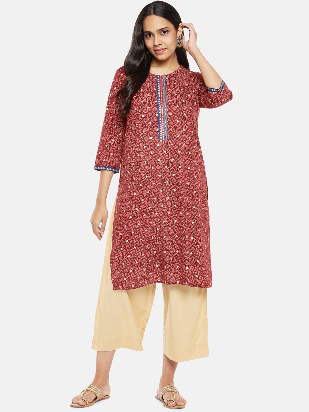 

RANGMANCH BY PANTALOONS Women Red Ethnic Motifs Printed Thread Work Kurta