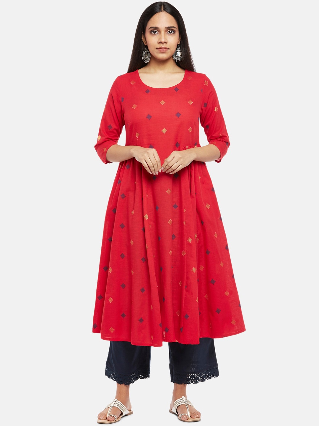 

RANGMANCH BY PANTALOONS Women Red Woven Design Dobby Anarkali Kurta