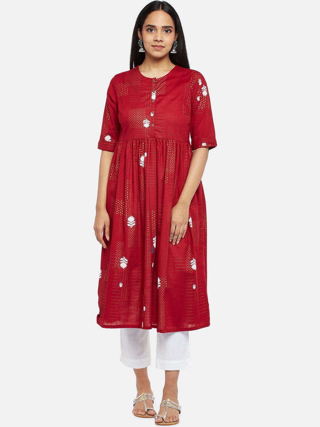 

RANGMANCH BY PANTALOONS Women Red Ethnic Motifs Printed Pure Cotton Kurta