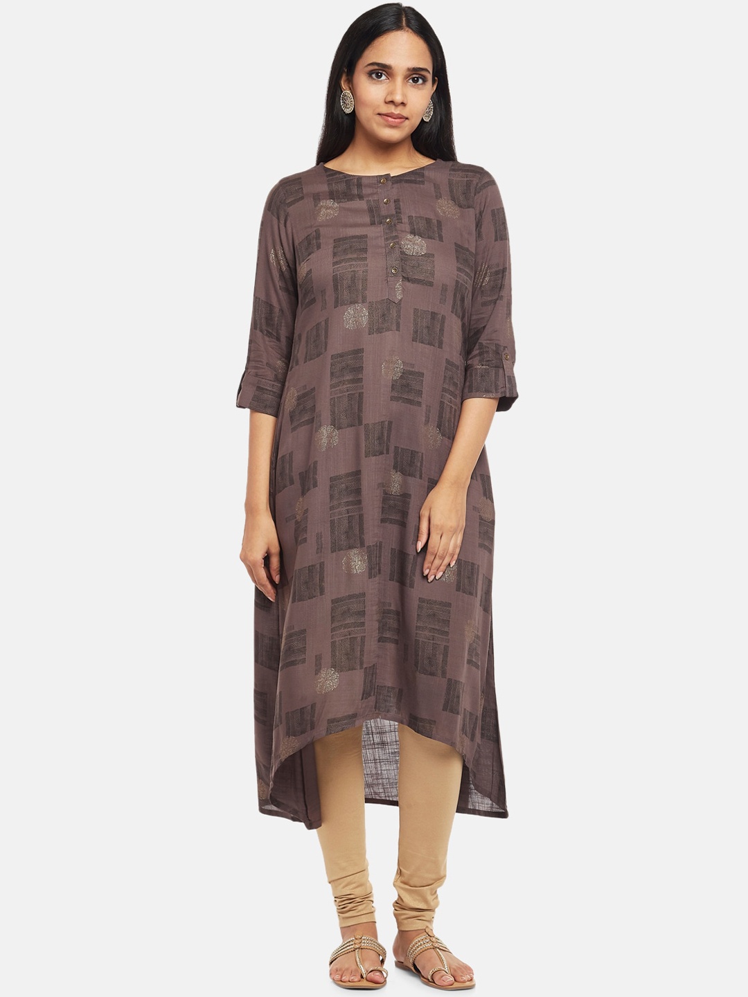 

RANGMANCH BY PANTALOONS Women Charcoal & Brown Geometric Printed A-line Kurta