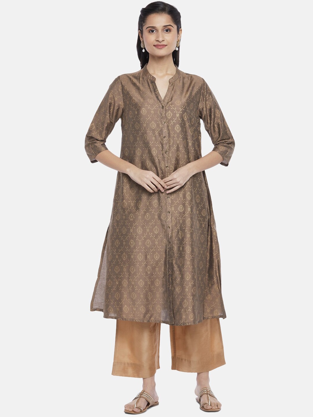 

RANGMANCH BY PANTALOONS Women Brown Ethnic Motifs Pure Cotton Kurta