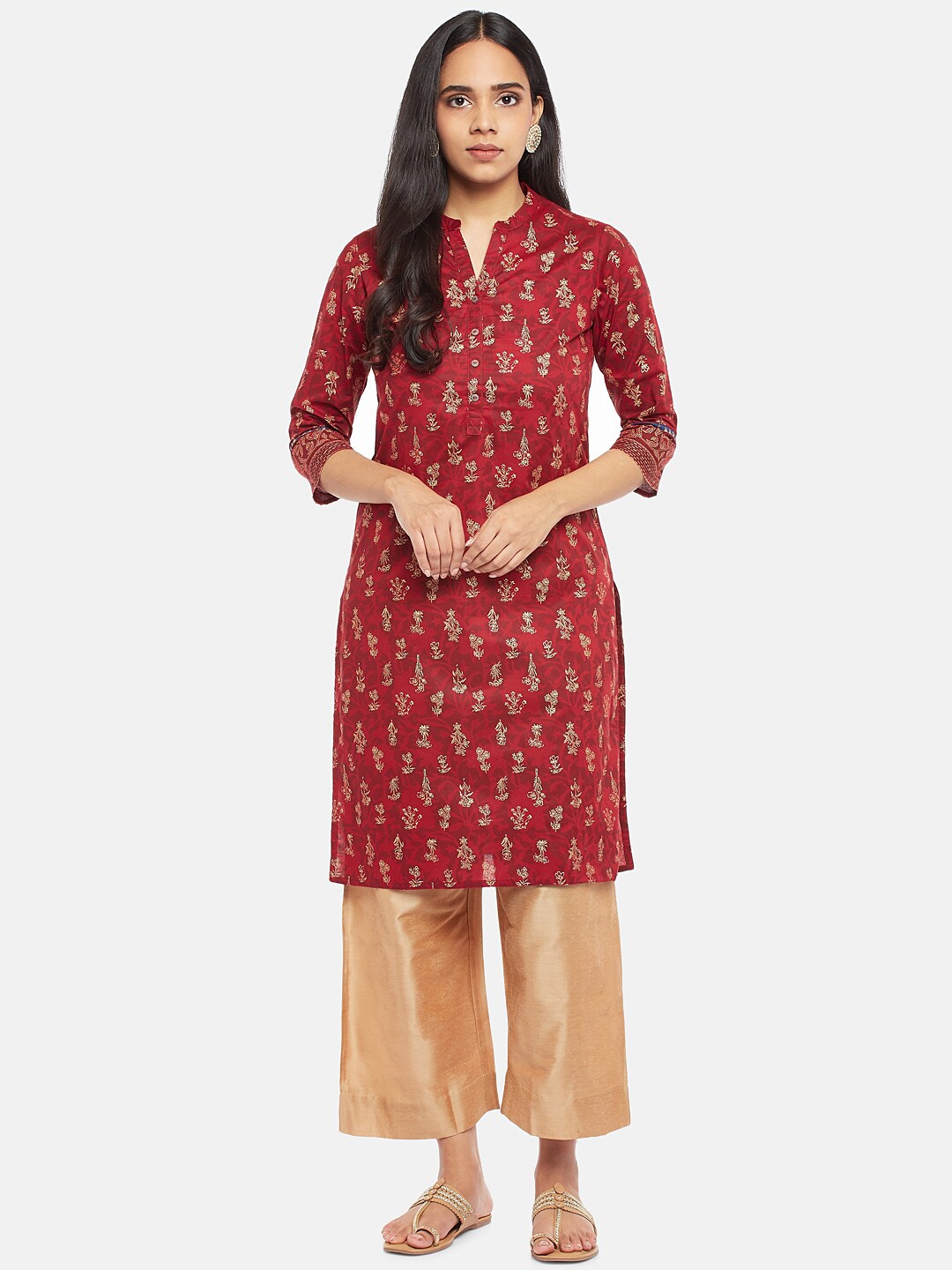 

RANGMANCH BY PANTALOONS Women Maroon Ethnic Motifs Printed Thread Work Kurta