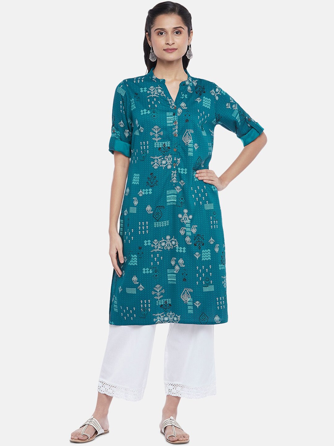 

RANGMANCH BY PANTALOONS Women Teal Ethnic Motifs Printed Kurta