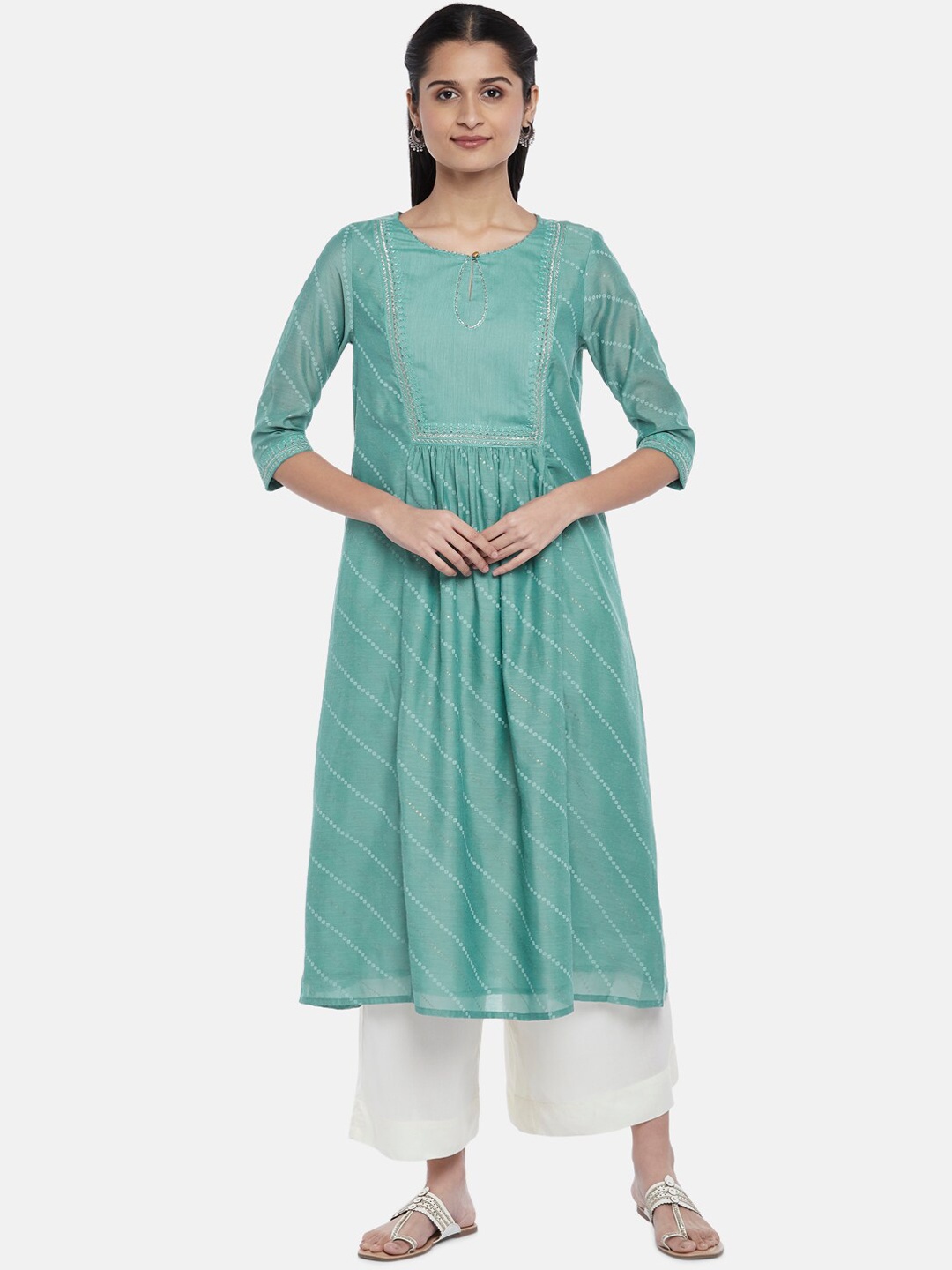 

RANGMANCH BY PANTALOONS Women Mint Green Striped Gotta Patti Anarkali Kurta