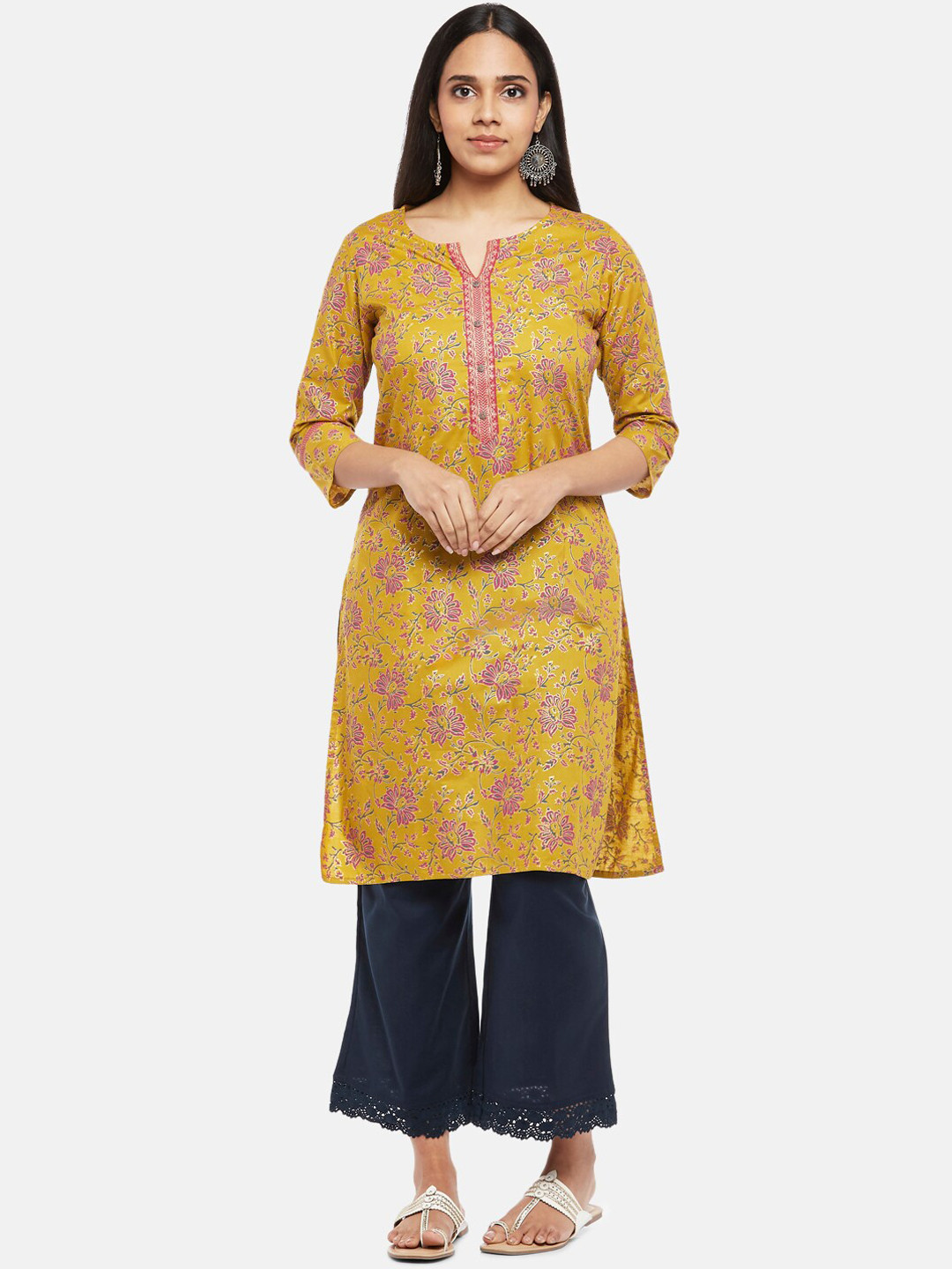 

RANGMANCH BY PANTALOONS Women Mustard Yellow Floral Printed Cotton Kurta