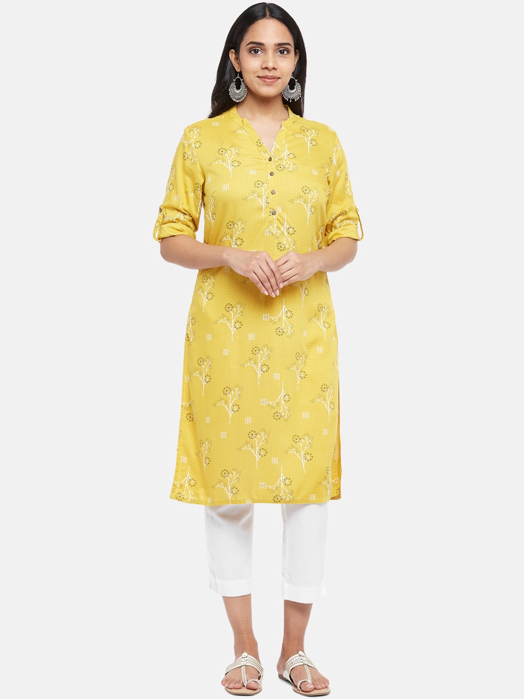 

RANGMANCH BY PANTALOONS Women Mustard Yellow Floral Printed Kurta