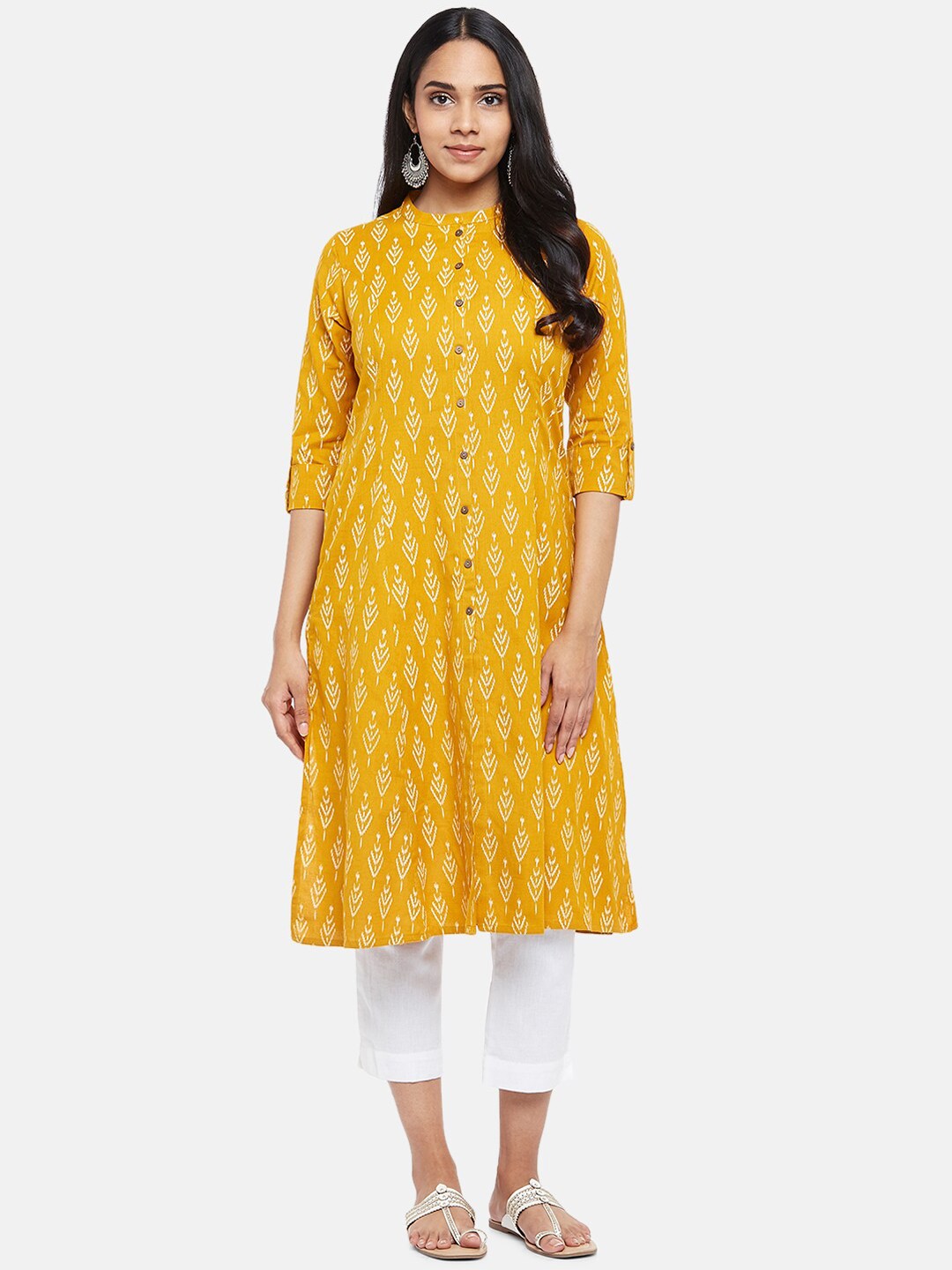 

RANGMANCH BY PANTALOONS Women Yellow & White Ethnic Motifs Printed Cotton A-line Kurta