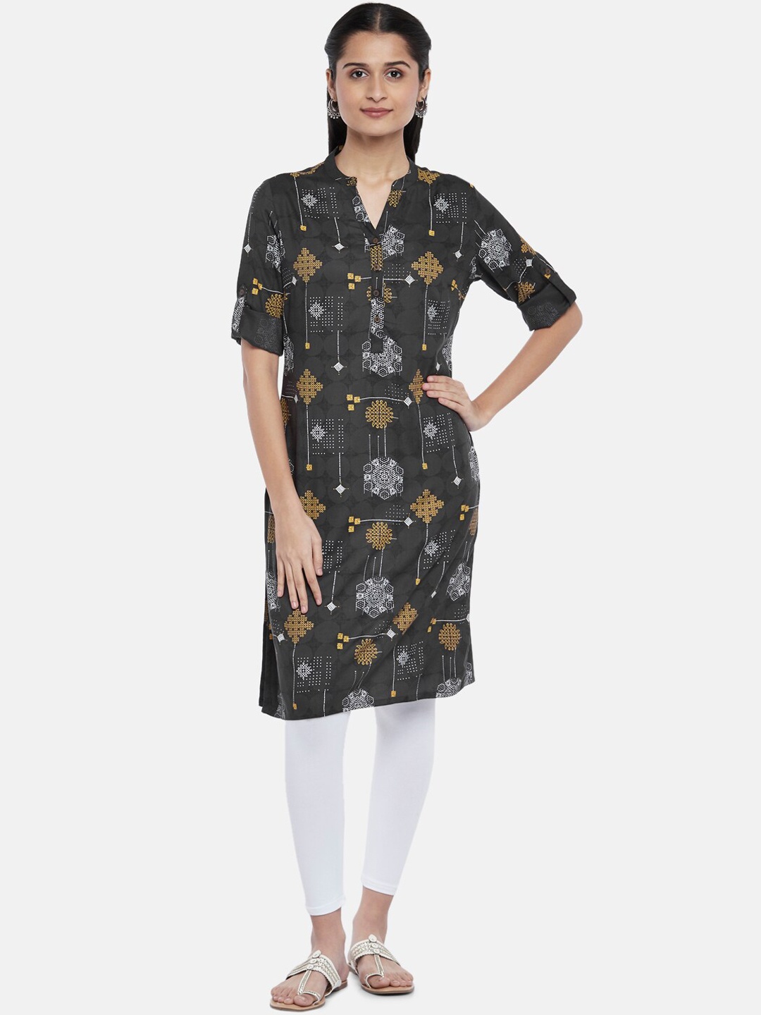 

RANGMANCH BY PANTALOONS Women Charcoal Floral Printed Thread Work Kurta