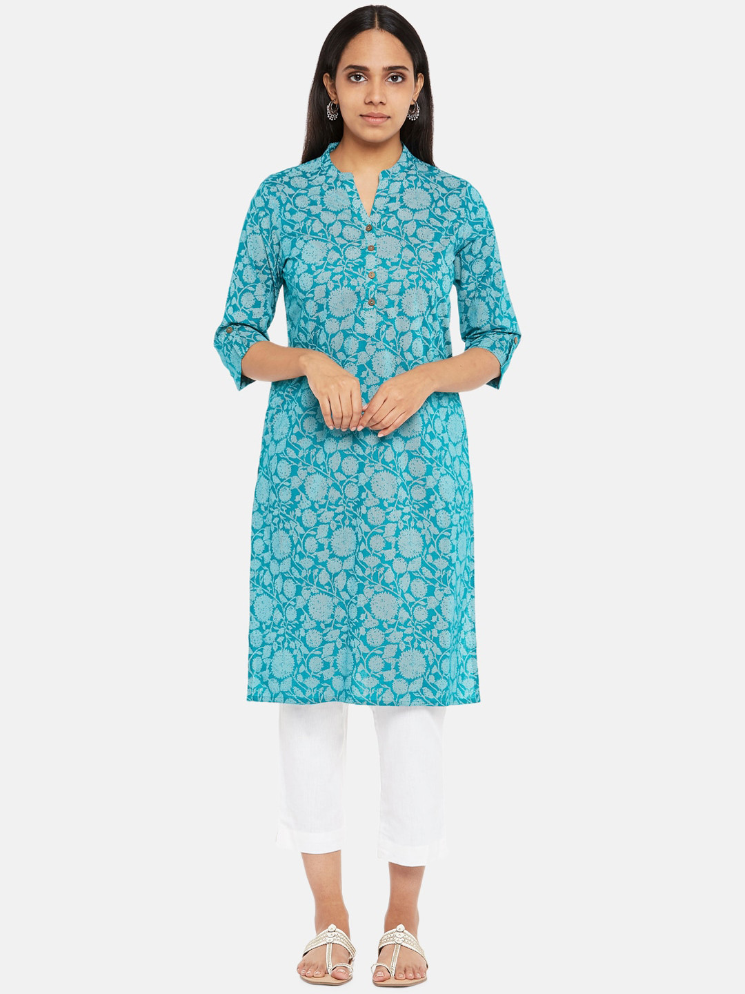 

RANGMANCH BY PANTALOONS Women Teal Ethnic Motifs Printed Pure Cotton