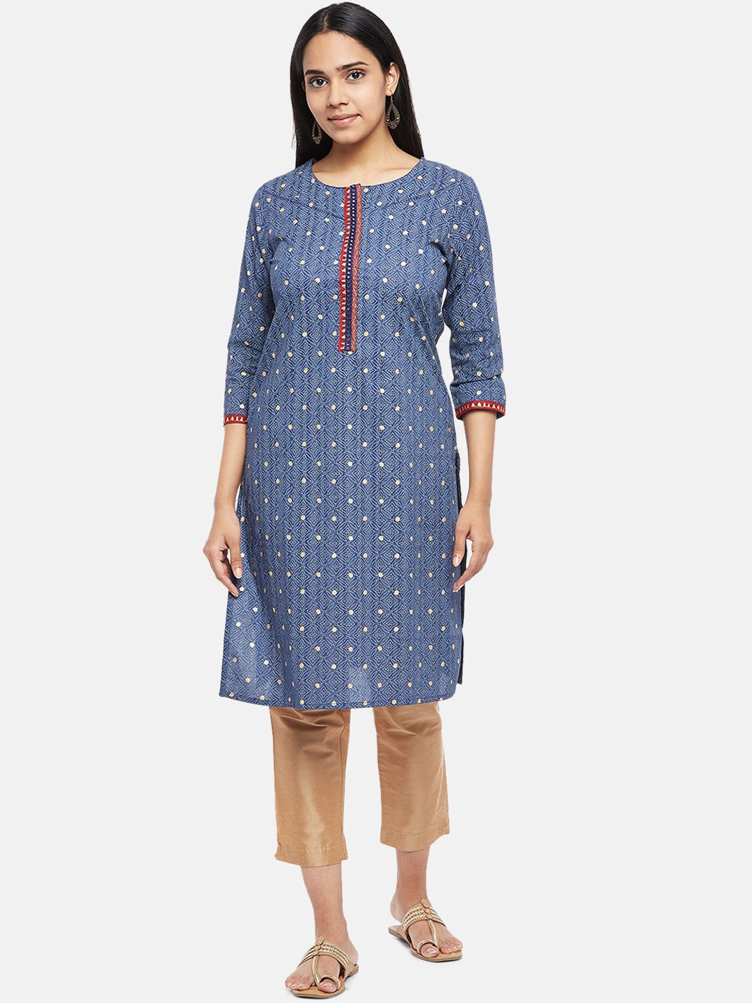 

RANGMANCH BY PANTALOONS Women Blue & Beige Ethnic Motifs Printed Cotton Kurta