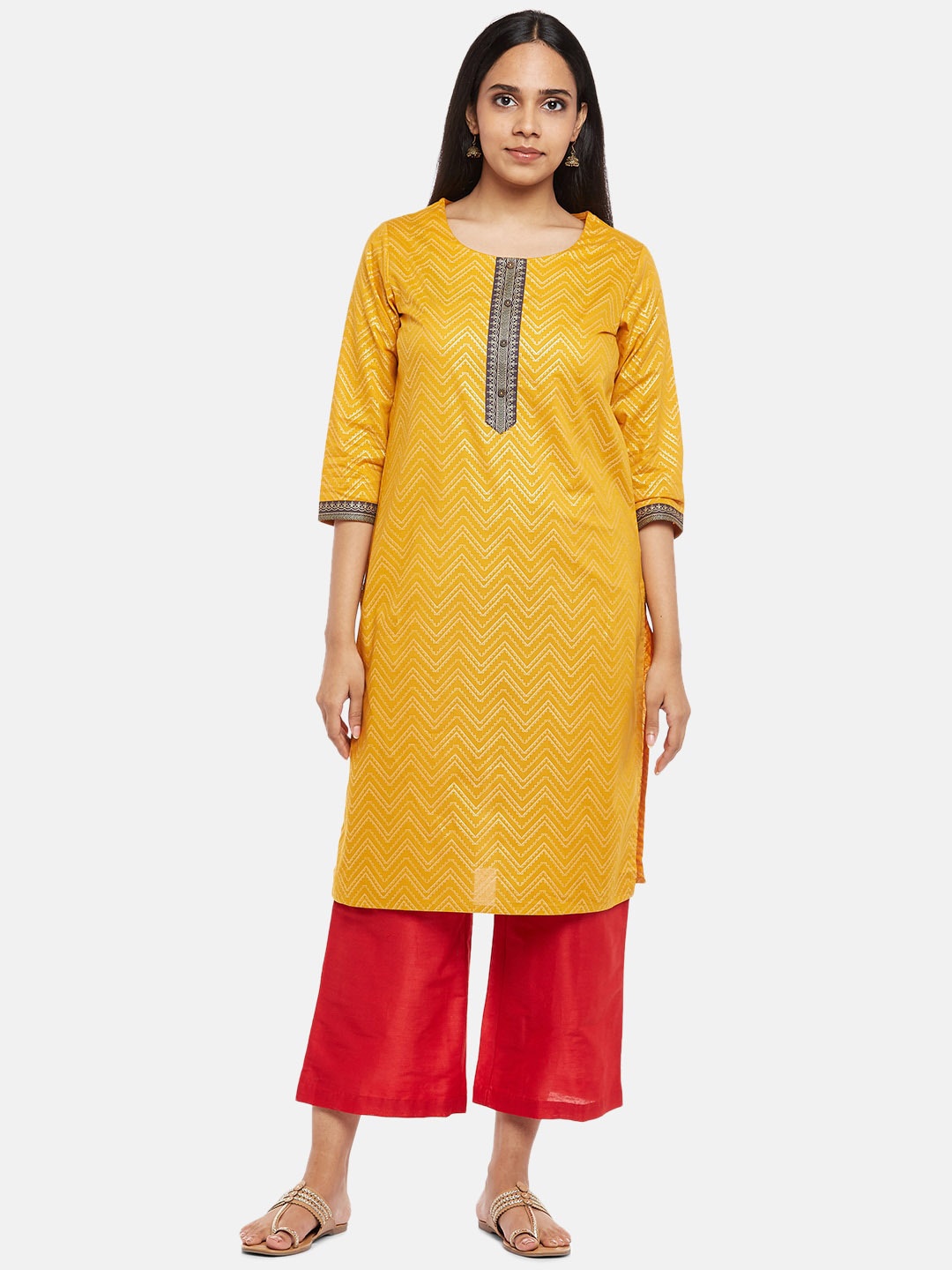 

RANGMANCH BY PANTALOONS Women Mustard Yellow Geometric Printed Pure Cotton Kurta