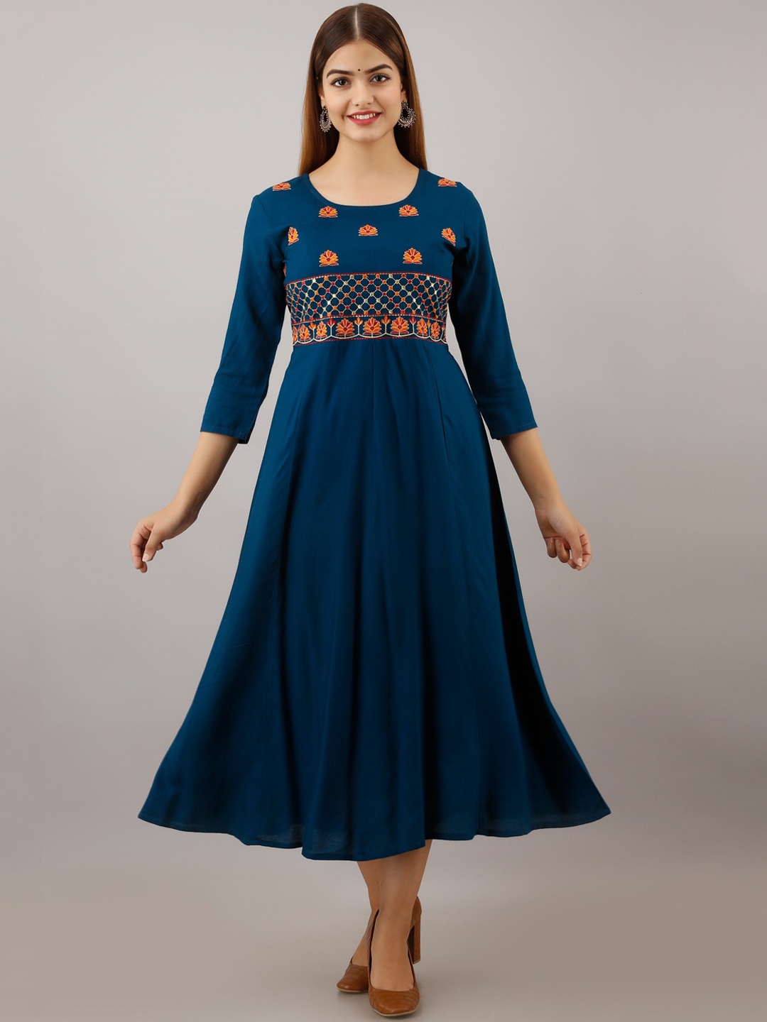 

Women Touch Blue Ethnic Motifs Embroidered Ethnic Midi Fit & Flare Dress