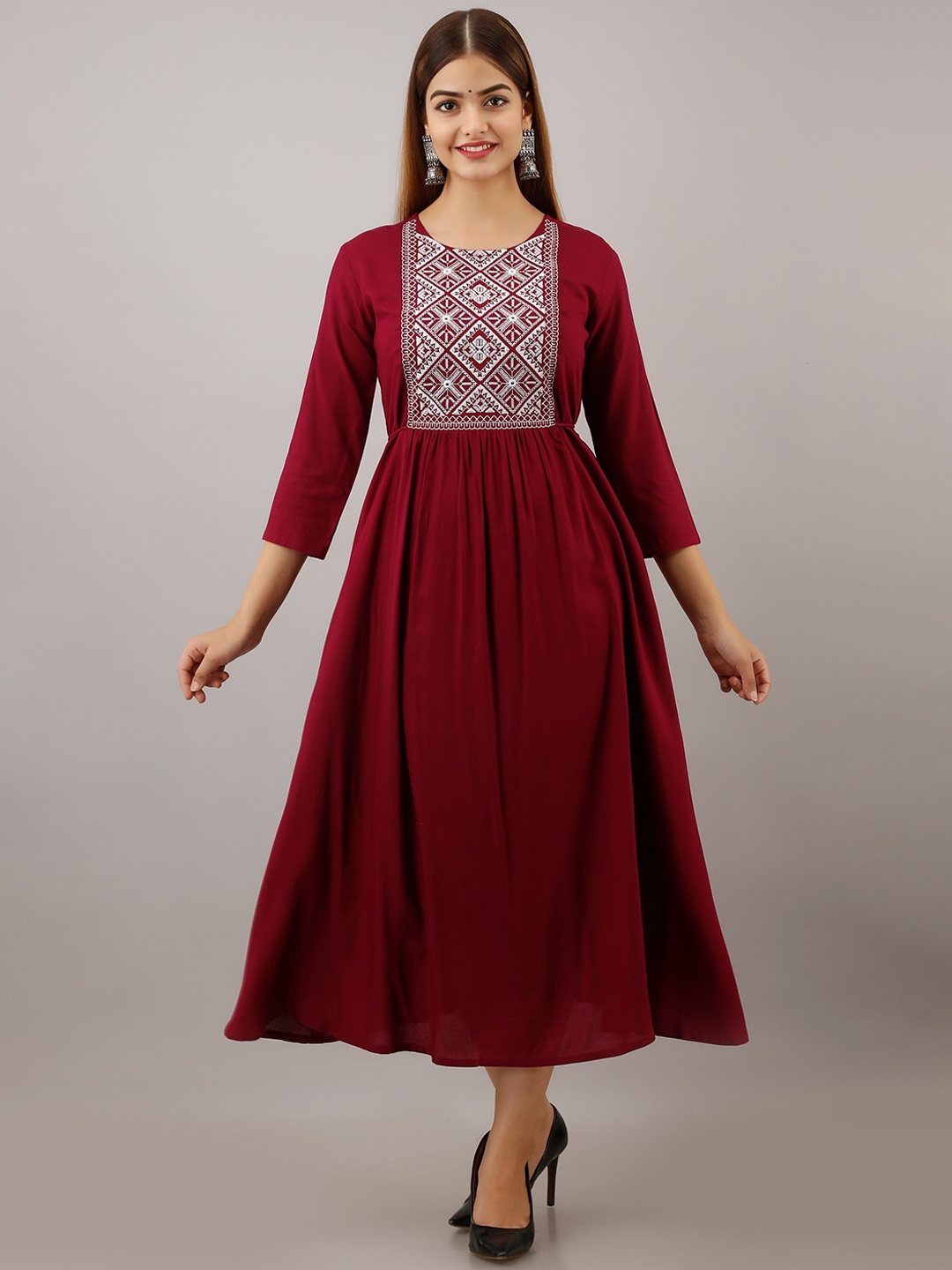 

Women Touch Maroon & White Floral Embroidered Ethnic Midi Fit & Flared Dress