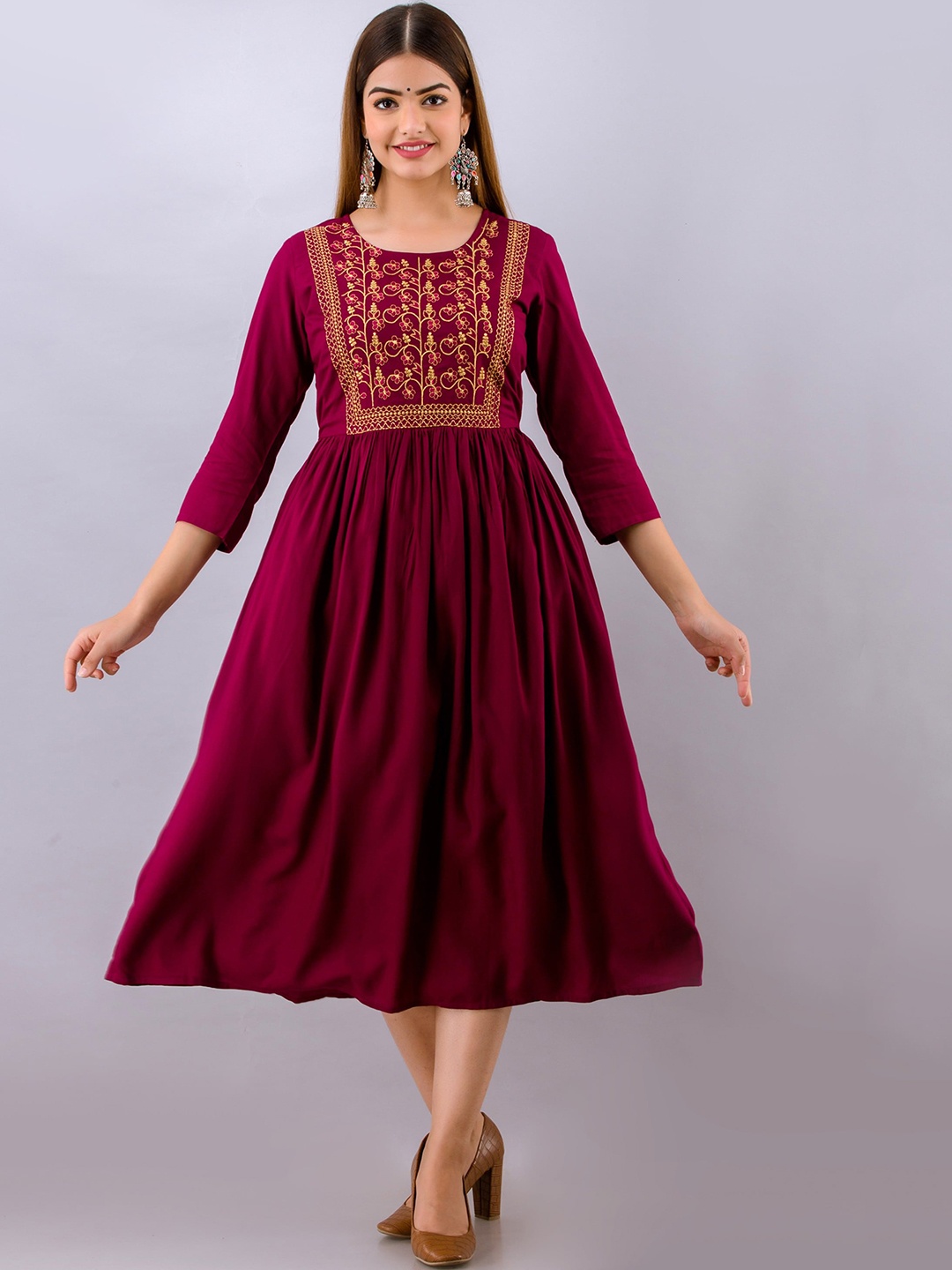 

Women Touch Women Burgundy Ethnic Motifs Embroidered Thread Work Anarkali Kurta