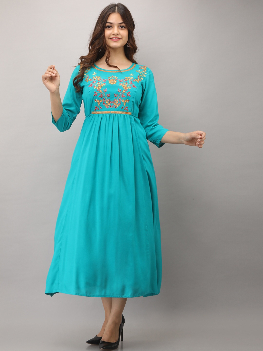 

Women Touch Women Turquoise Blue Embroidered Fit & Flare Dress