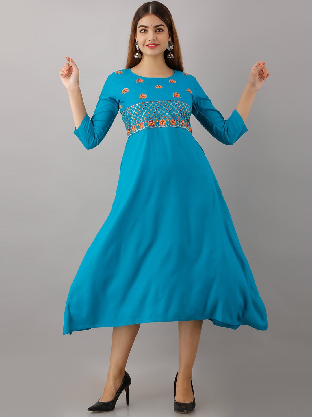 

Women Touch Teal Blue & Orange Floral Embroidered A-Line Midi Dress