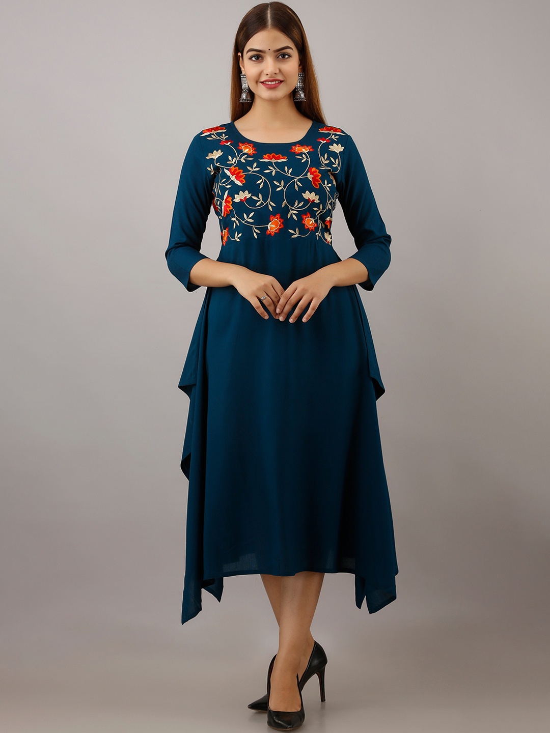 

Women Touch Blue Floral Embroidered Ethnic Midi Fit & Flare Dress