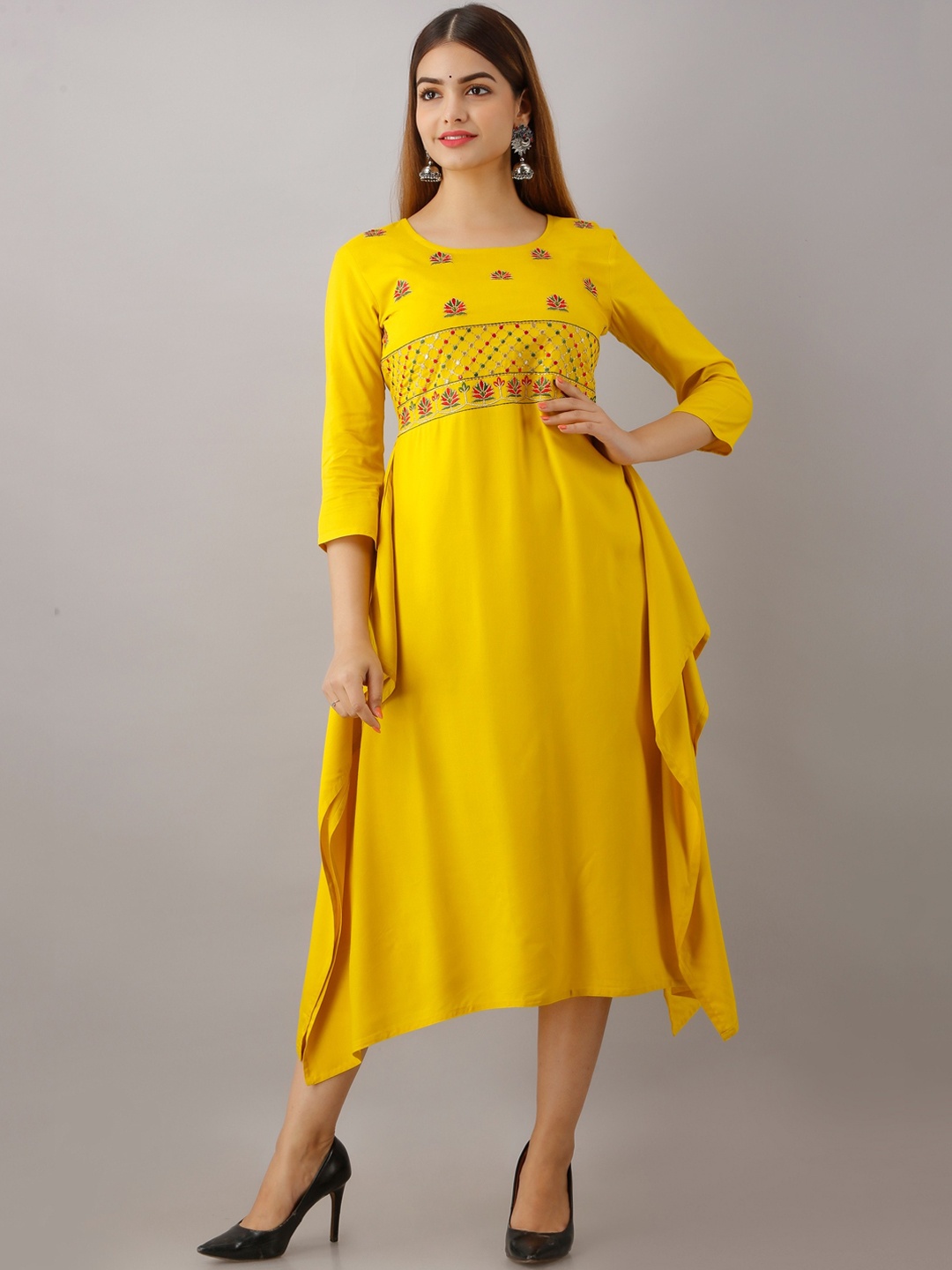 

Women Touch Yellow & Red Floral Embroidered Ethnic A-Line Midi Dress
