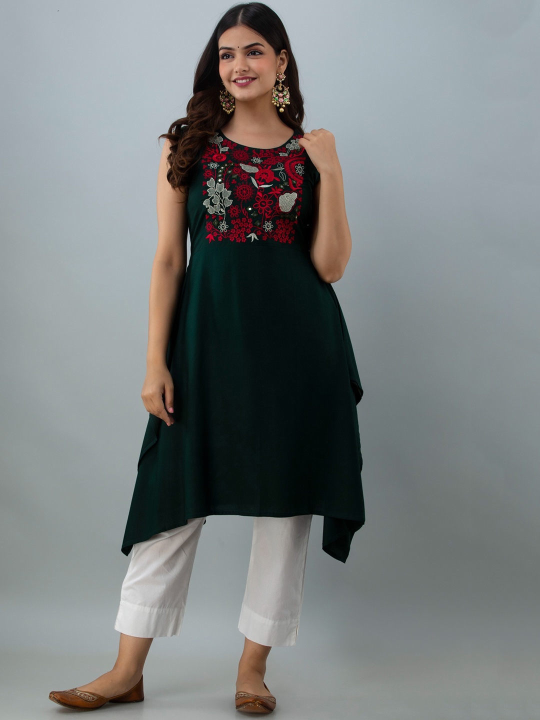 

Women Touch Women Green Floral Yoke Design Thread Work Asymmetric Kurta