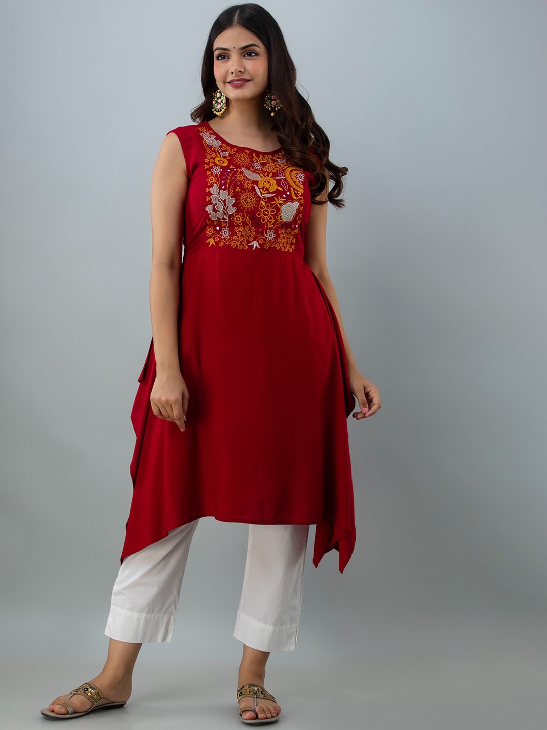 

Women Touch Women Maroon Floral Yoke Design Thread Work Asymmetric A-line Kurta