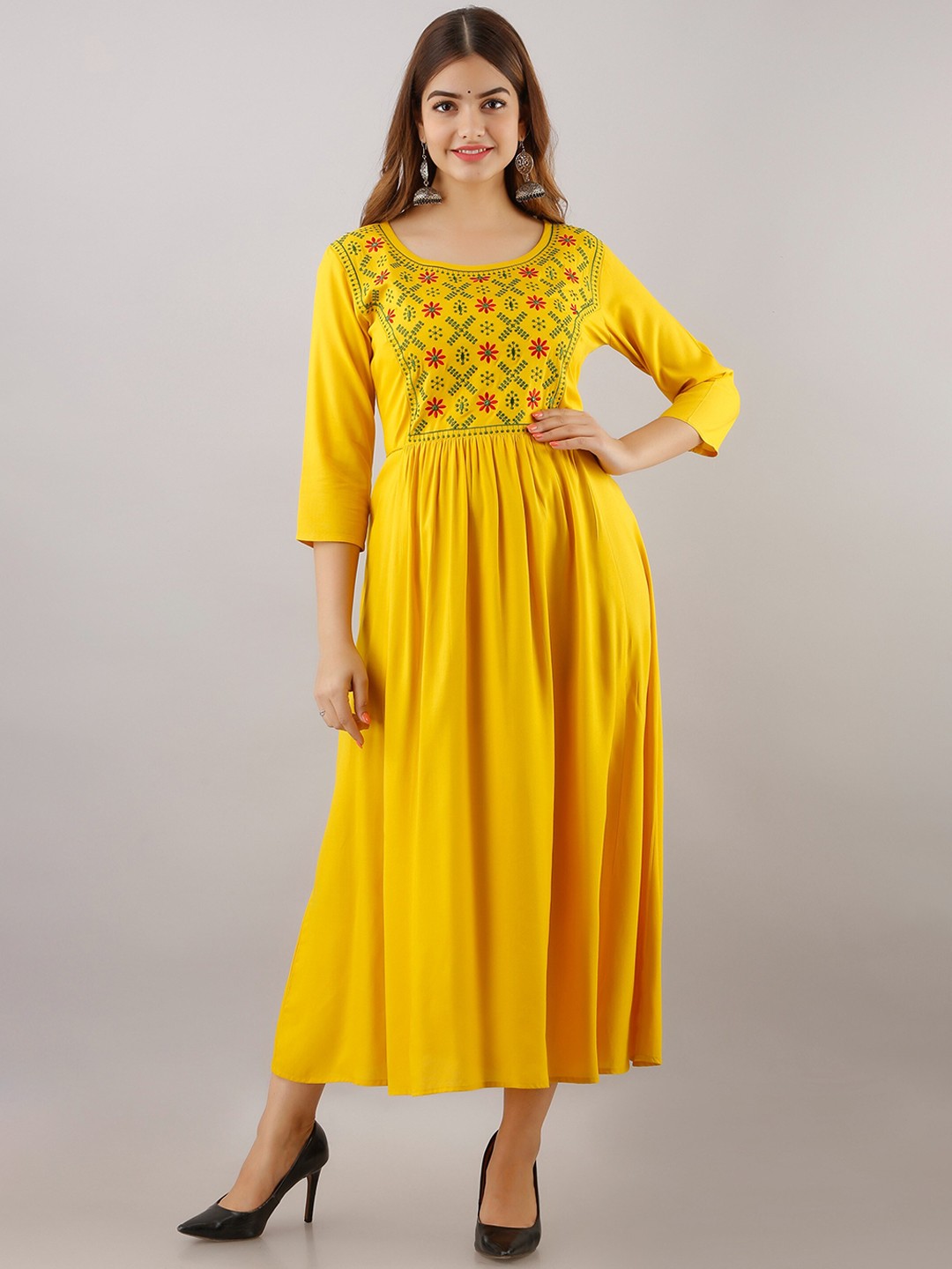 

Women Touch Women Yellow Floral Embroidered Thread Work Anarkali Kurta