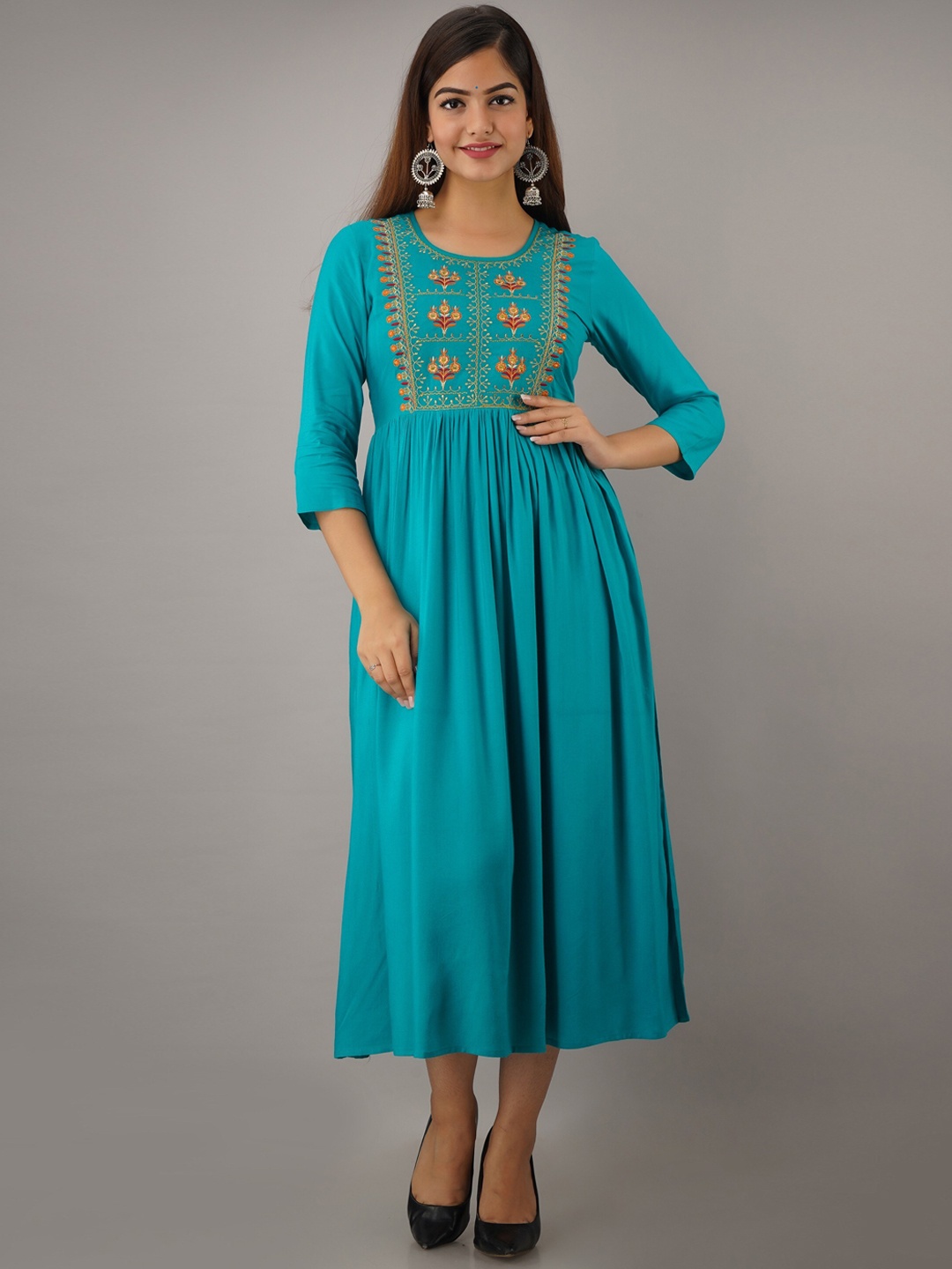 

Women Touch Turquoise Blue Floral Embroidered Ethnic A-Line Midi Dress